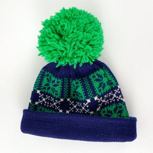 Vintage wool ski cap by IKS Aspen heavy knit pom pom beanie blue & green - Picture 4 of 5
